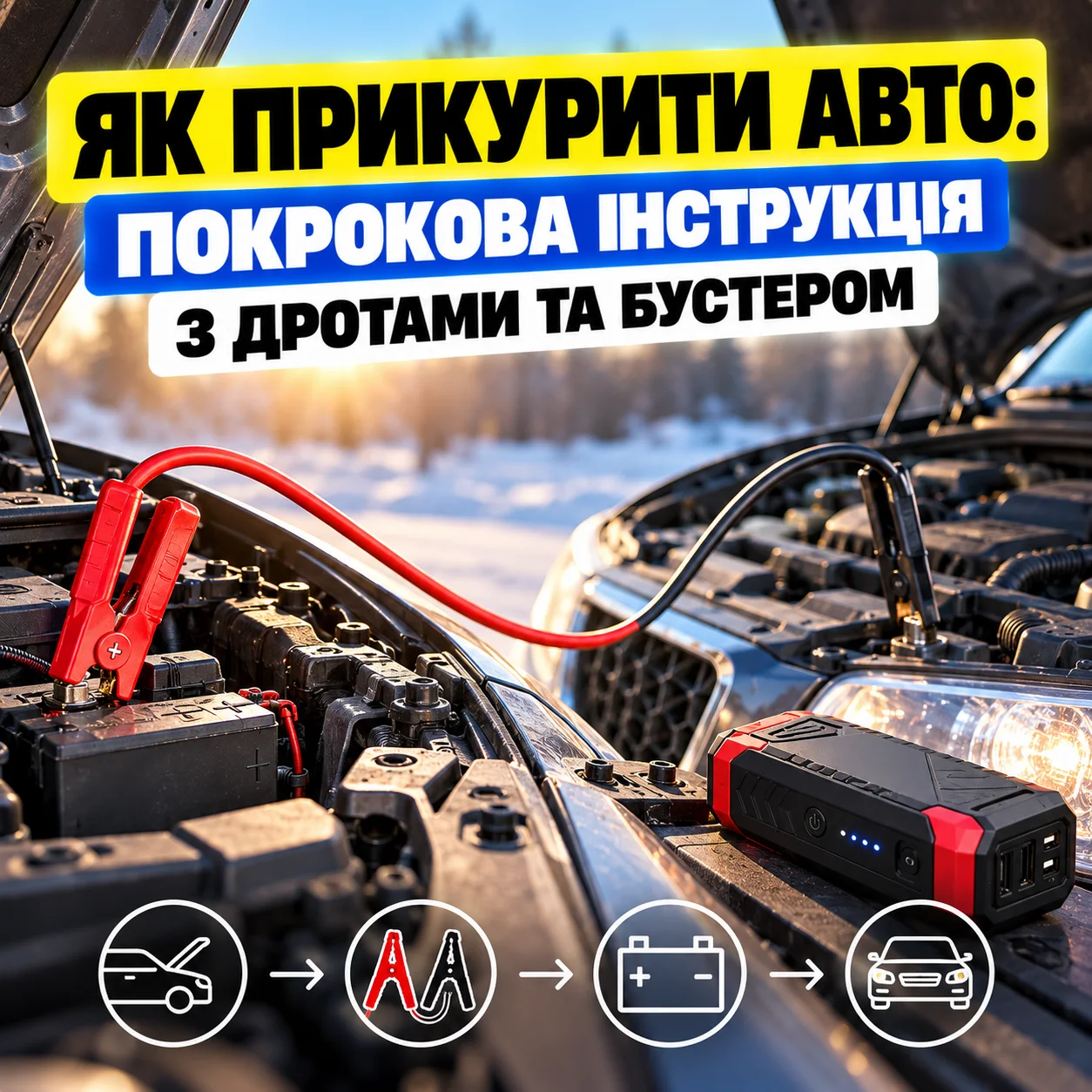 Портативний бустер підключений до акумулятора автомобіля для запуску двигуна