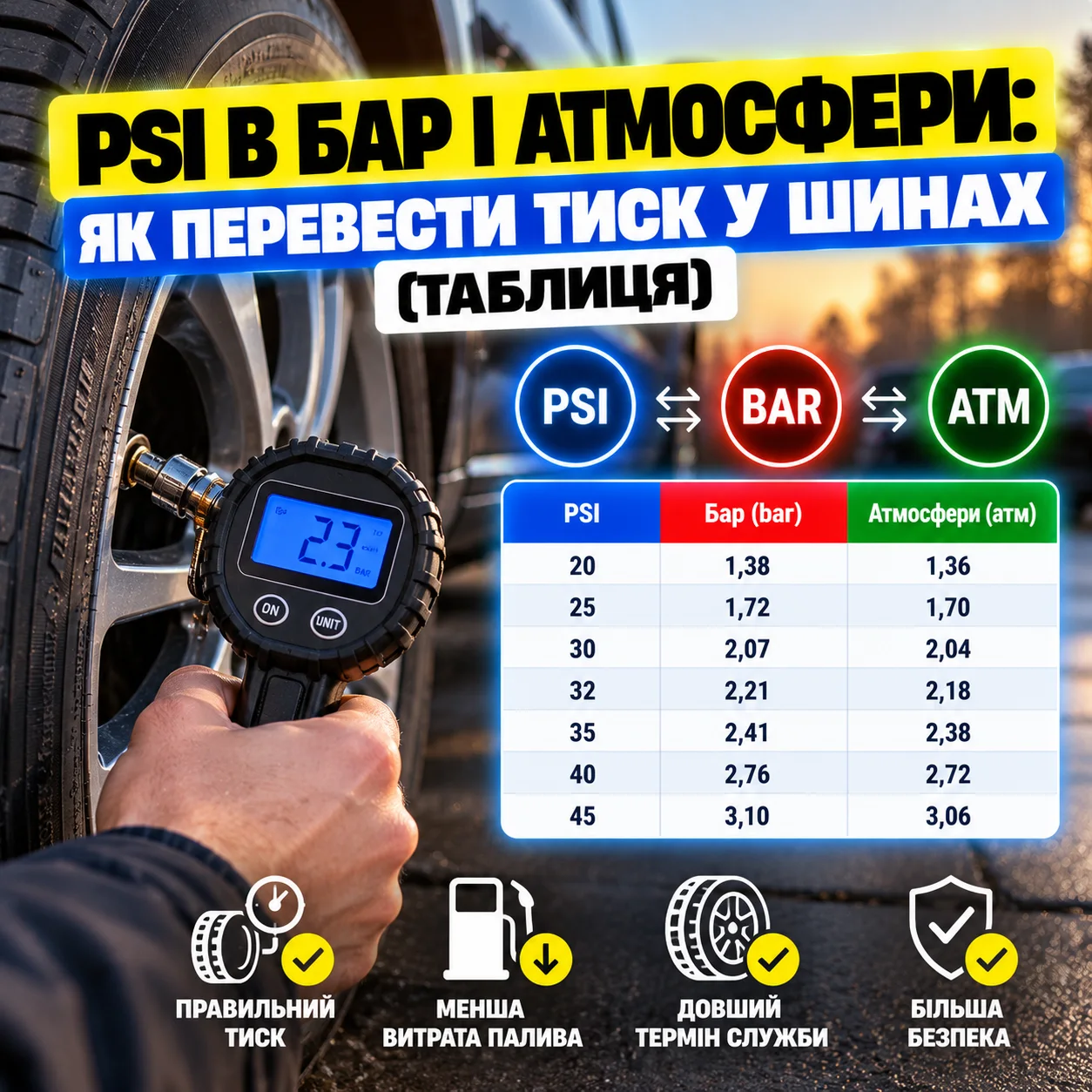 Цифровий манометр компресора показує тиск у шині в PSI і барах