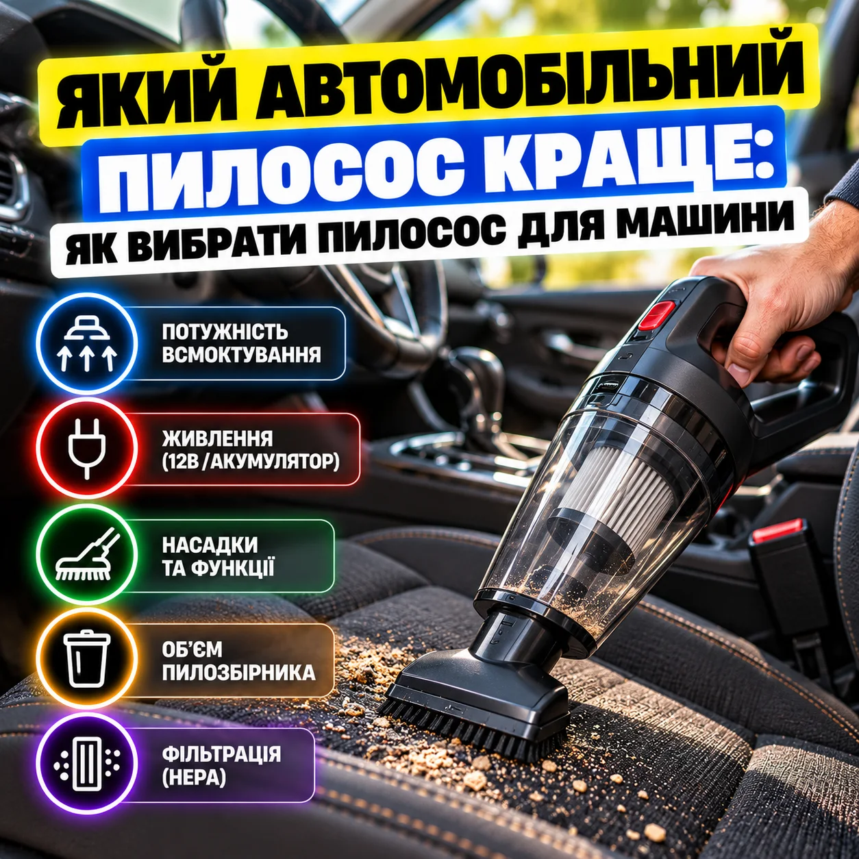 Автомобільний акумуляторний пилосос із насадками для прибирання салону