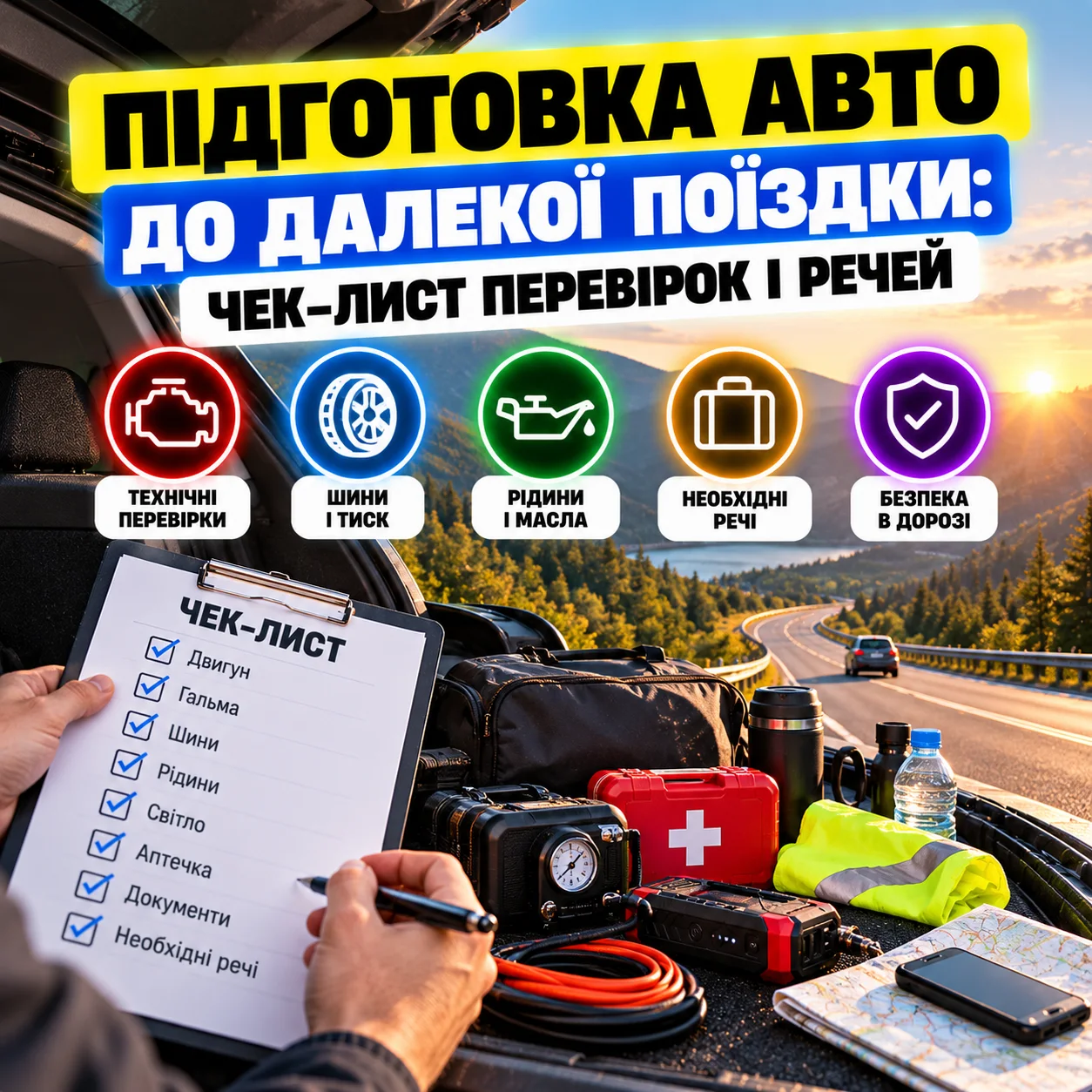 Автомобіль, підготовлений до далекої поїздки з речами в багажнику