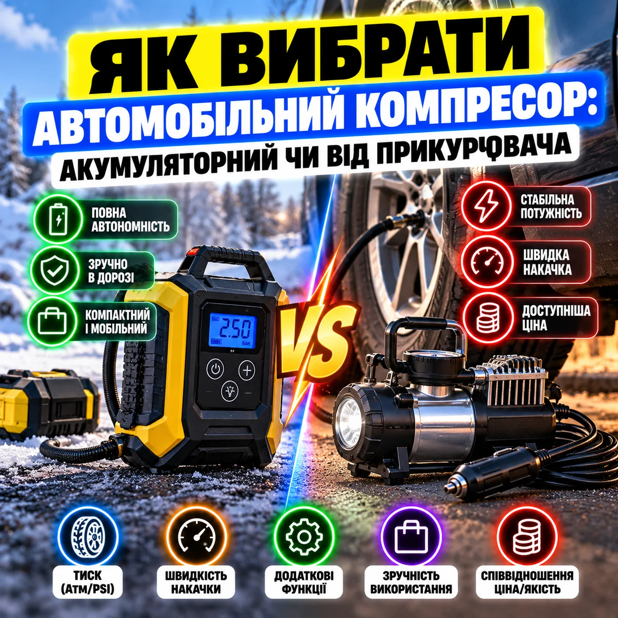 Акумуляторний автомобільний компресор з цифровим манометром і LED-ліхтарем