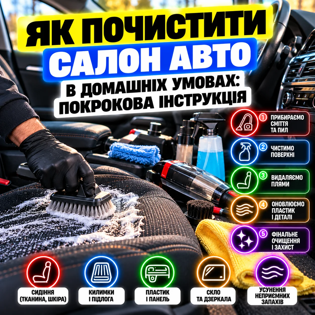 Прибирання салону автомобіля ручним пилососом з гнучким шлангом