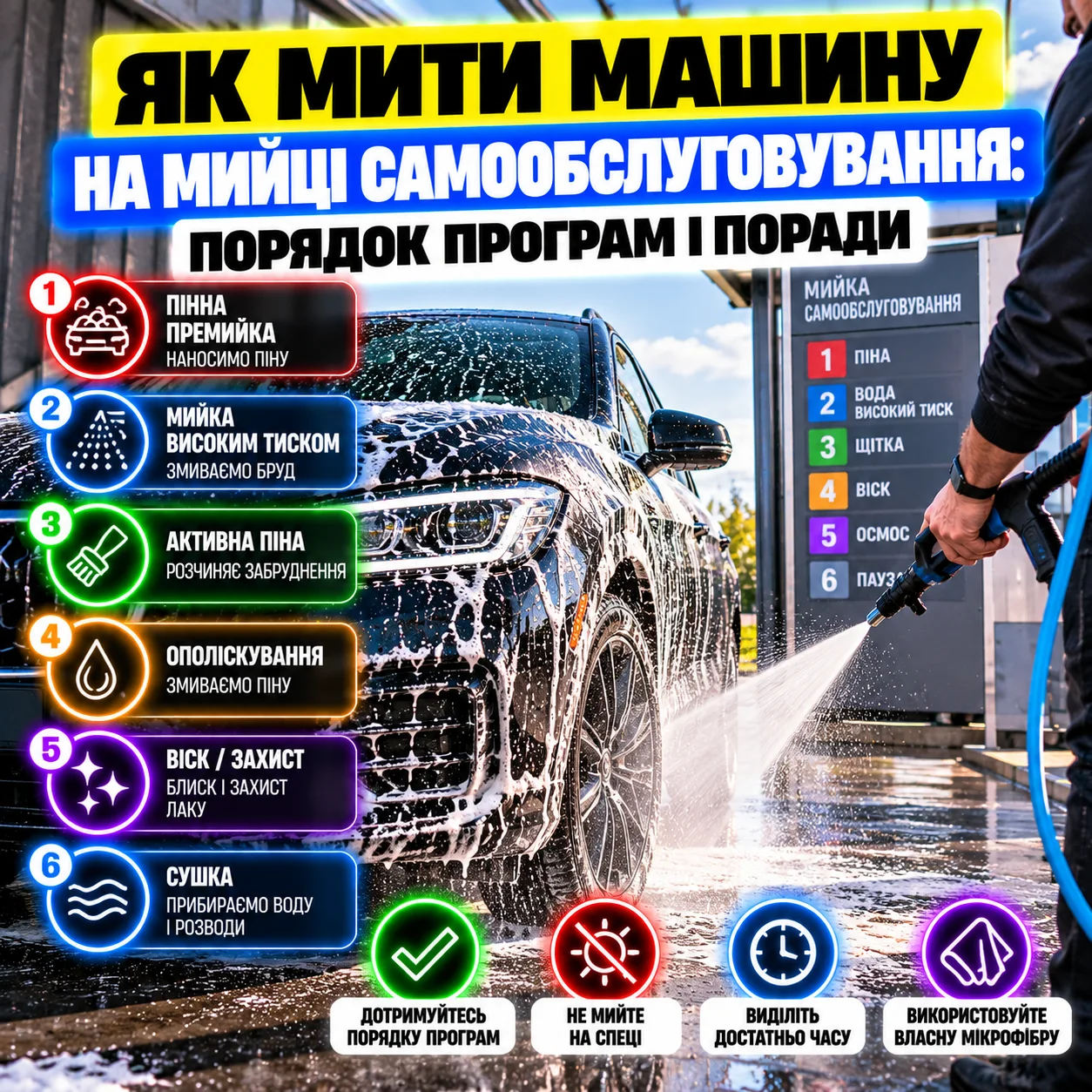 Миття автомобіля на мийці самообслуговування пістолетом високого тиску