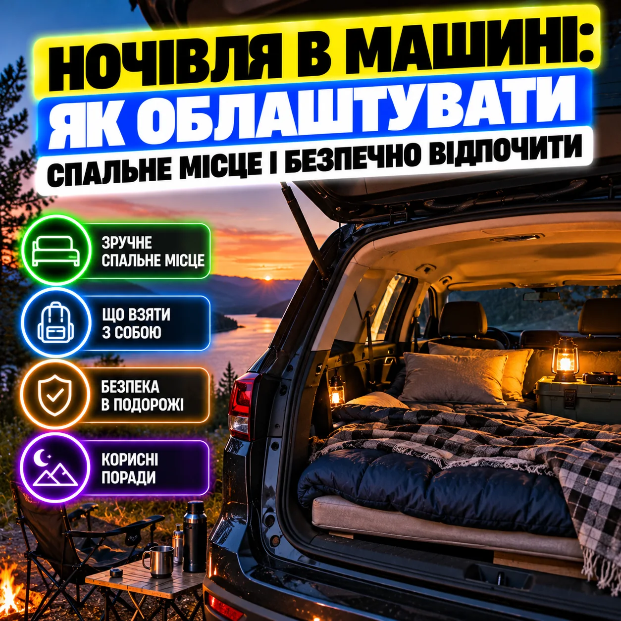 Надувний матрац на задньому сидінні автомобіля для ночівлі