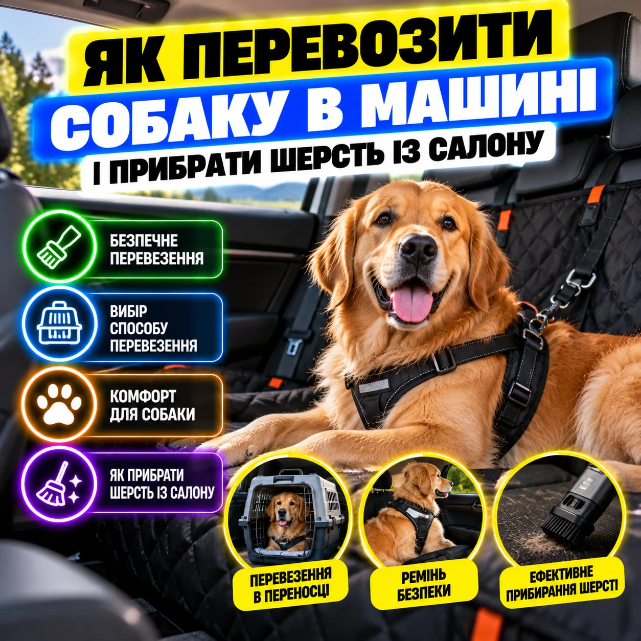 Прибирання шерсті собаки з заднього сидіння авто ручним пилососом