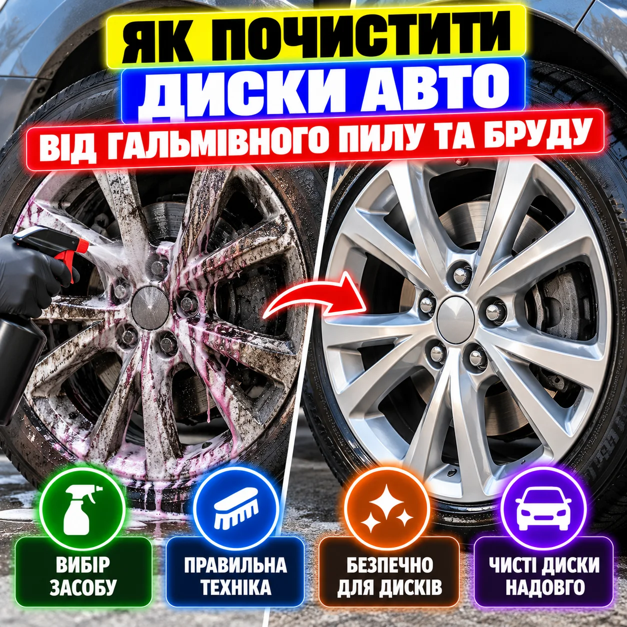 Миття колісного диска автомобіля водою під тиском