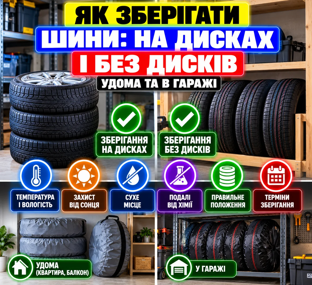 Комплект автомобільних шин, підготовлений до сезонного зберігання