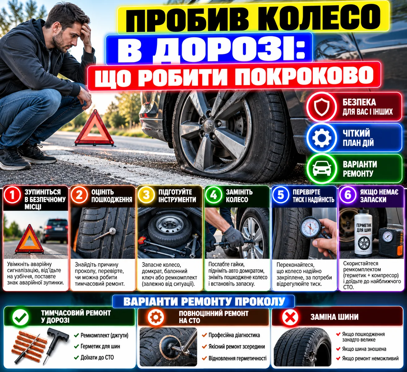 Підкачування пробитого колеса автомобіля портативним компресором на узбіччі