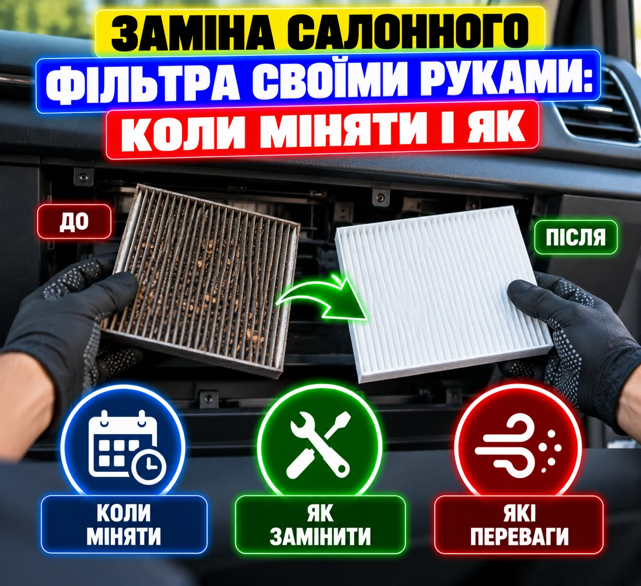 Ручний пилосос з функцією видування для очищення ніші салонного фільтра