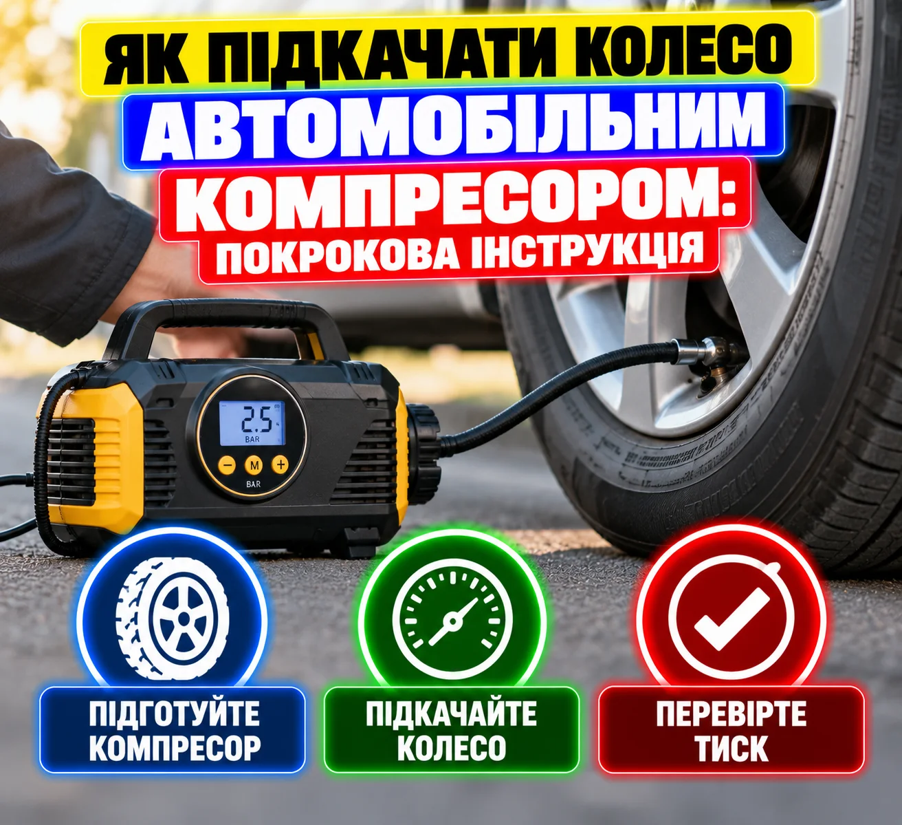 Акумуляторний компресор SUITU ST-221 з цифровим манометром підключений до колеса